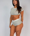 Woman wearing a 2 Piece Striped Set Grey & White 