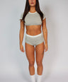 Woman wearing a 2 Piece Striped Set Grey & White 