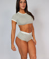 Woman wearing a 2 Piece Striped Set Grey & White 